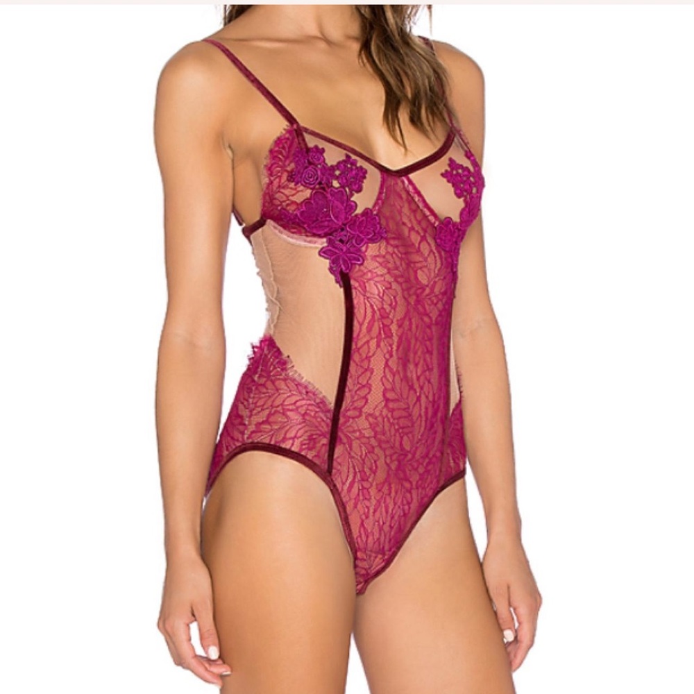 For Love And Lemons burgundy skivvies Lace flower blossom Bodysuit size small